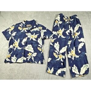 Vintage La Cabana Women's Floral Hawaiian Button-Down Shirt + Pants Set Navy M